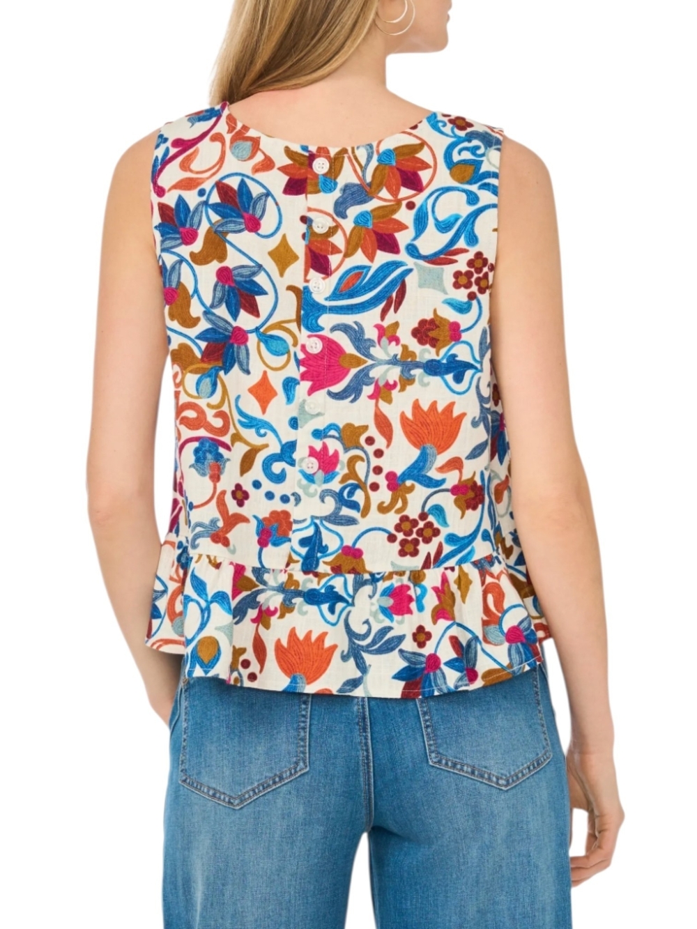 Vince Camuto Cream Floral Sleeveless Peplum Top with Blue and Pink Accents NWT - Picture 3 of 16